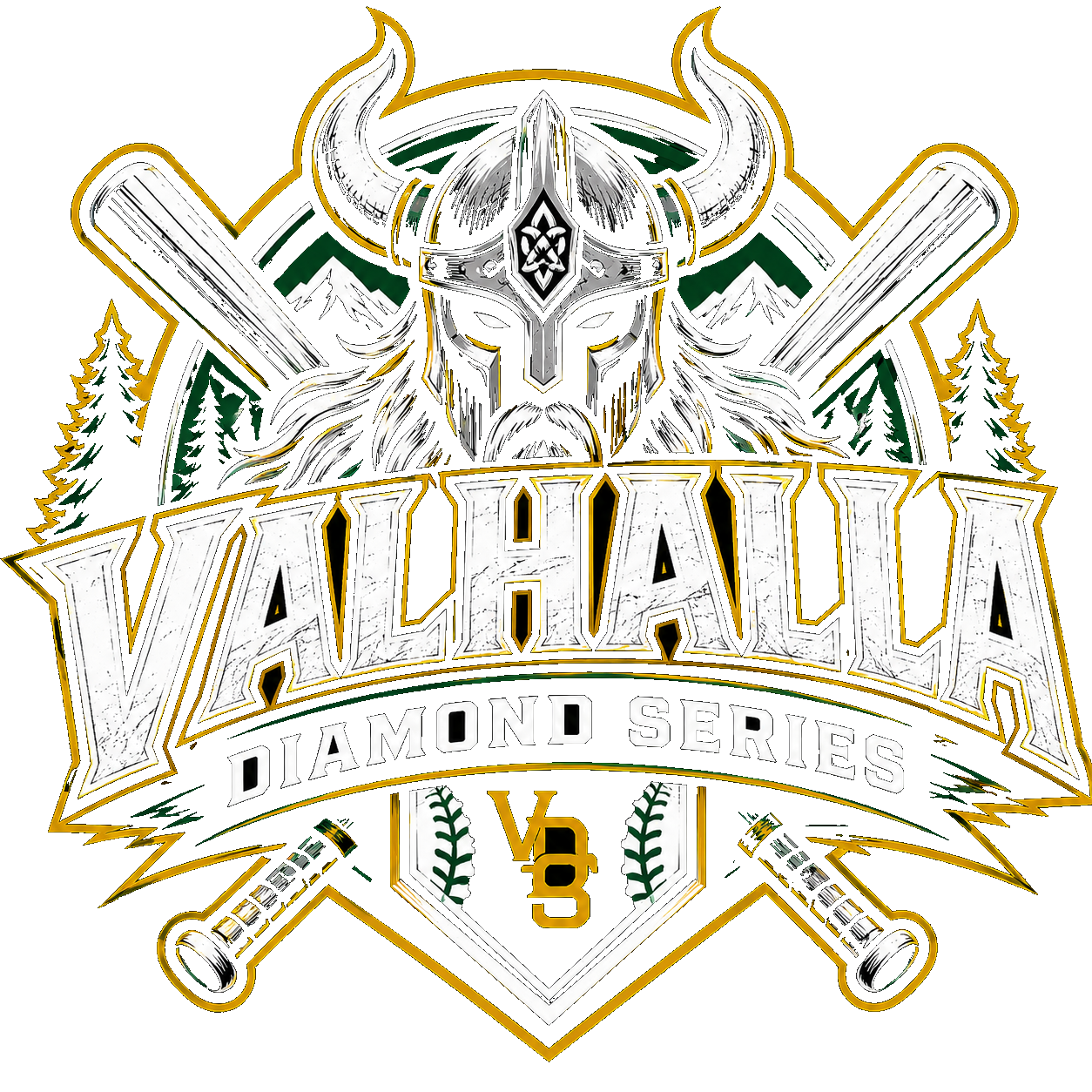 Valhalla Diamond Series tournament logo featuring a Viking helmet and crossed baseball bats